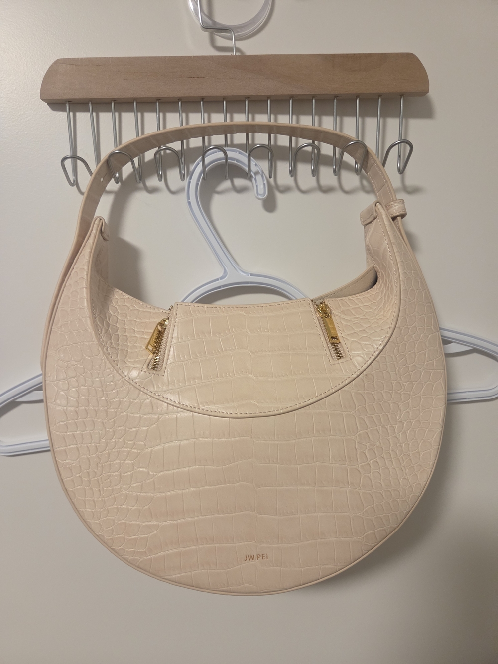 JW PEI Cream Croc-Embossed Crescent Shoulder Bag